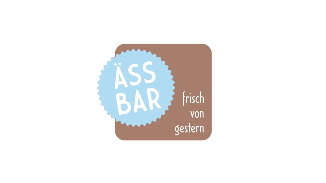 Logo der Äss-Bar, blau auf braun, Text: Äss-Bar - frisch von gestern