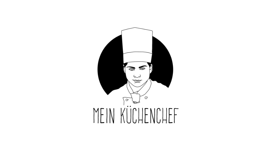 Das Logo von Mein Küchenchef. Vektorbild eines Koches in Schwarz Weiss. Darunter Text "Mein Küchenchef"