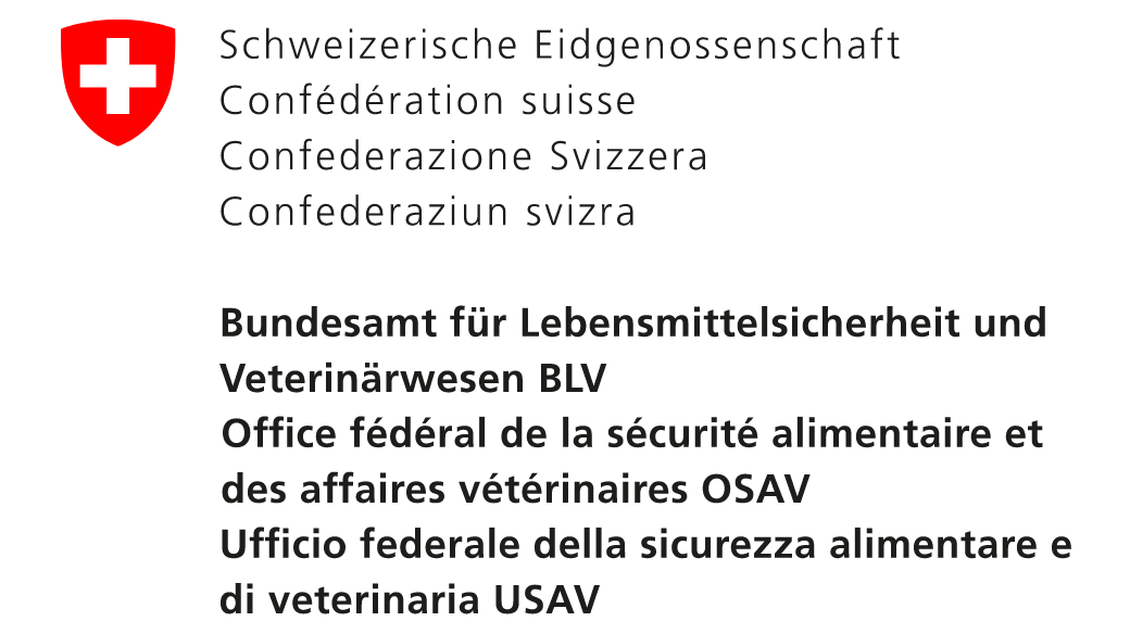 Das Logo vom Bundesamt für Lebensmittelsicherheit und Veterinärwesen. In allen Vier Landessprachen steht rechts neben dem Schweizerkreuz: Schweizerische Eidgenossenschaft. Darunter: Bundesamt für Lebensmittelsicherheit und Veterinärwesen BLV